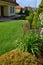 Ornamental colourfull garden with group of shrubs perennials and conifers