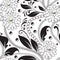 Ornamental floral black and white vector seamless pattern. Surface 3d white pearls. Lace lines, chains, beads, flowers, leaves.
