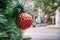 Ornamental globe hanging in an outdoors Christmas tree made out of plastic