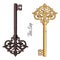 Ornamental medieval vintage keys with victorian leaf scrolls, hand-drawn antique keys