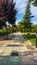 Ornamental park with trees grass and bushes. Pavement and brick floor and blue sky with some clouds. Colourful with many species.