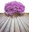 Ornamental plant with pink petunia flowers on a large traditional italian terracotta vase - springtime concept image on a wooden