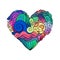 Ornamental St.Valentine`s greeting card with colorful zentangle doodle heart sketch. Ethnic tribal wavy vector heart