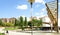 Ornamental structures and pond in the gardens of Nou Barris