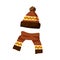 Ornamented knitted childish bobble hat and scarf. Winter hat with pompom for children. Flat vector cartoon illustration