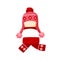 Ornamented knitted childish chullo and girly scarf. Winter pink earflap hat with pompom for children. Flat vector