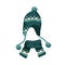Ornamented knitted childish chullo and scarf. Winter green earflap hat with pompom for children. Warm knitted headwear