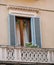 Ornamented vintage balcony with green flowers and window