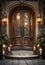 Ornate Arched Front Door and Porch of A House on A Winter Evening