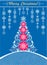 Ornate blue Christmas craft greeting card with white paper cut out hanging decoration with snowflakes, decorative xmas tree and la