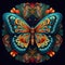 Ornate butterfly mandala art on a black background. Generative AI.