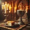 Ornate chalice stands ready for communion, in old church setting