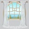 The ornate curtain in the interior. Vector illustration.