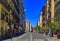 Ornate facades of buildings on Calle Mayor in Madrid, Spain