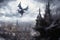 Ornate gothic gargoyles, perched atop ancient cathedrals, watching over the city below - Generative AI