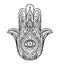Ornate hand drawn hamsa. Popular Arabic and Jewish amulet. Vector illustration isolated on white. Tattoo design, mystic symbol.
