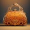 An ornate handbag cast in gold, infrared photography,hand holding Golden clutch bag ,Woman gold handbag