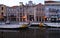 Ornate iconic gondolas parked in the canal in the early evening, Aveiro, Portugal