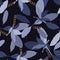 Ornate jewelry decorative accessory and sketched blue and leaves foliage botanical seamless pattern. Realistic golden chain print