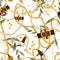 Ornate jewelry decorative accessory and sketched green leaves or foliage and flowers, botanical seamless pattern. Realistic golden