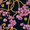 Ornate jewelry decorative accessory and sketched orchids botanical seamless pattern. Trendy golden  chain print in vintage style