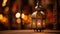 An ornate lamp with a golden design on a wooden table, AI