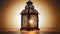 an ornate lantern on a dark background with warm lighting
