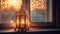 Ornate lantern illuminates Arabic style home interior generated by AI