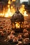 an ornate lantern is surrounded by rose petals