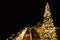 Ornate and lighted Christmas tree in the garden.