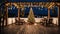 Ornate and lighted Christmas tree in the garden. Engraved Christmas tree and pergola on the terrace of the
