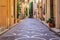 Ornate mosaic street pavement between traditional old houses in Antibes, France