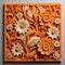 Ornate orange floral plaque with intricate woodcarving design