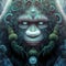 Ornate portrait of mythical monster, face of yeti, funny cartoon illustration