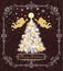 Ornate retro greeting card for winter holidays with paper cut out Christmas tree with cone, candle, gold balls and paper handmade