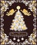 Ornate retro greeting Christmas card with vintage floral vignette for winter holidays with paper cut out Xmas tree with golden con