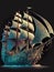 Ornate sailing frigate on a dark background, digital illustration