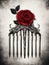An ornate silver hair comb with a red rose in the middle. Gothic art. AI generation