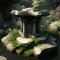 Ornate stone podium in a bamboo rock garden with a small pond AI generation