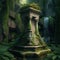 Ornate stone podium in a lush green rock garden with a waterfall AI generation