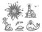 Ornate sun, surfer on wave, fishes, whale and lighthouse line art vector designs surfing stickers set.