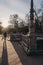 Ornate tiled bridge on Plaza de Espana, Seville, Spain, man walks by