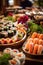 Ornate, vibrant, and varied sushi platter at a wedding party. Tasty sushi and sashimi.