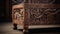 An ornate wooden chest with carved designs, AI