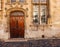 Ornate wooden double door of an old church