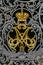 Ornate wrought iron gate of Winter Palace Hermitage in Saint Petersburg, Russia with imperial crown and monograms