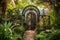 ornate wrought iron gateway in a lush garden setting