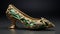 Ornately Designed Green Shoe With Gold Jewelry