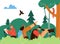 Ornithologists or birds watchers working in forest flat vector illustration.