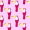 Ornithology seamless pattern with bright pink toucan bird ornament. Light background. Nature wildlife print